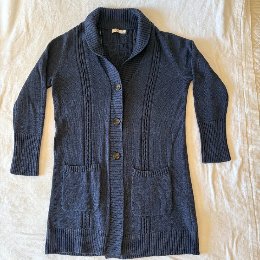 UGG XL Hayley Cardigan Navy Blue Heathered Chunky Cable Knit Sweater Cozy EUC - Picture 4 of 11